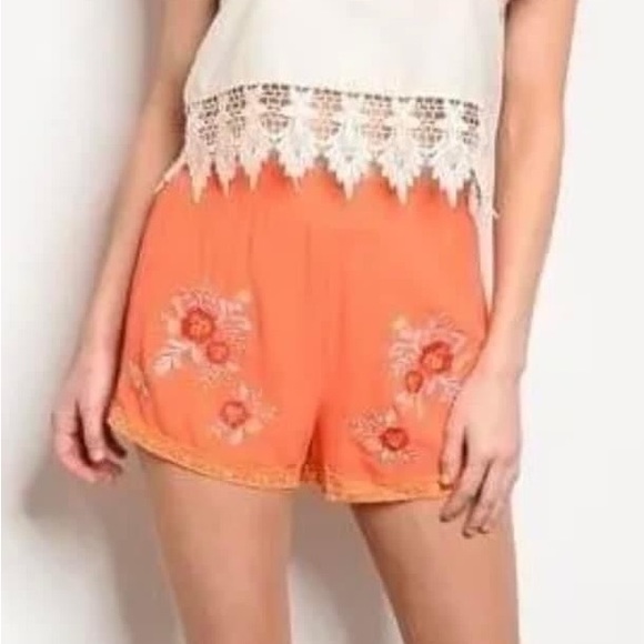 Honey Belle Pants - Honey Belle Neon Orange Floral Embroidered Shorts S